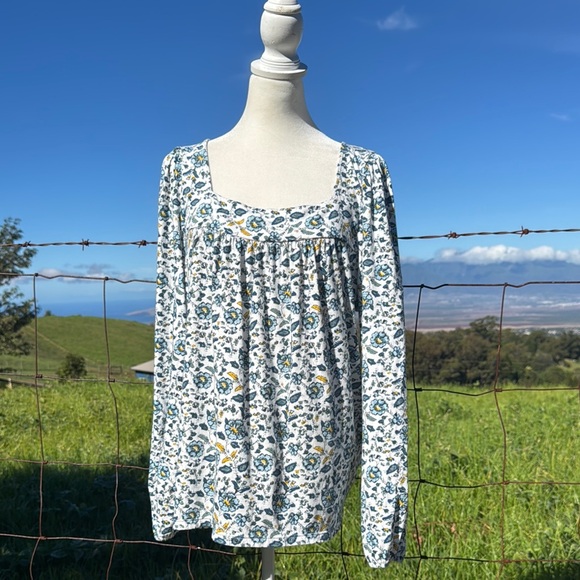 Lucky Brand Tops - Lucky Brand Peasant Prairie Blue Floral square Neckline long Sleeve Top Large